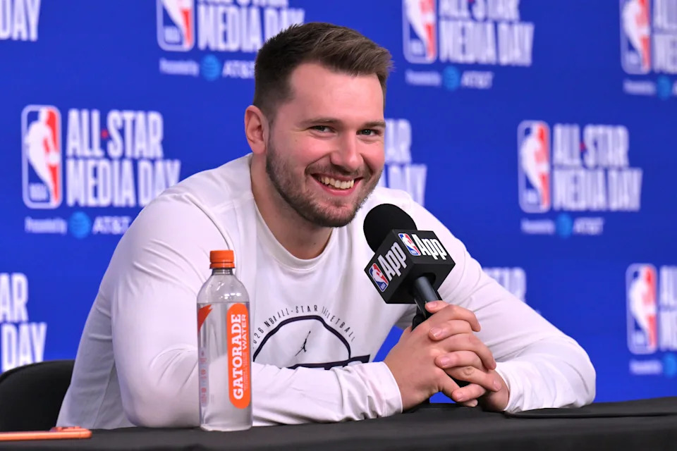 Feb 14, 2026; Los Angeles, CA, USA; Team World guard Luka Doncic (77) of the Los Angeles Lakers during a news conference for the NBA All Star game at Intuit Dome. Mandatory Credit: Jayne Kamin-Oncea-Imagn Images
