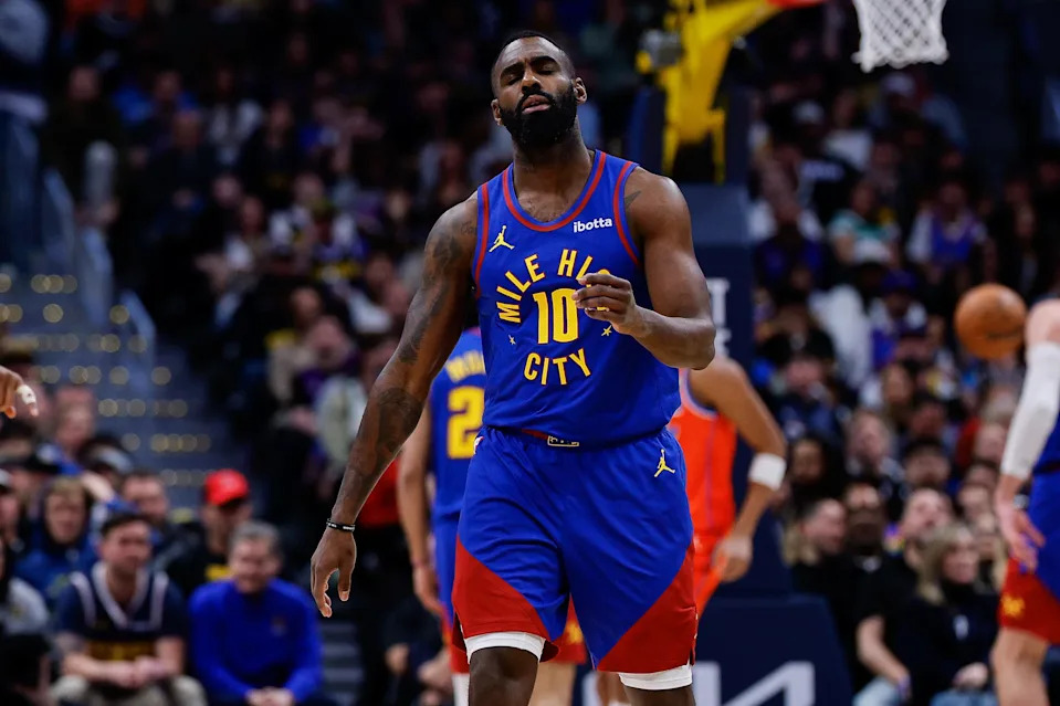 Feb 1, 2026; Denver, Colorado, USA; Denver Nuggets guard Tim Hardaway Jr. (10) reacts in the third quarter against the Oklahoma City Thunder at Ball Arena. Mandatory Credit: Isaiah J. Downing-Imagn Images
