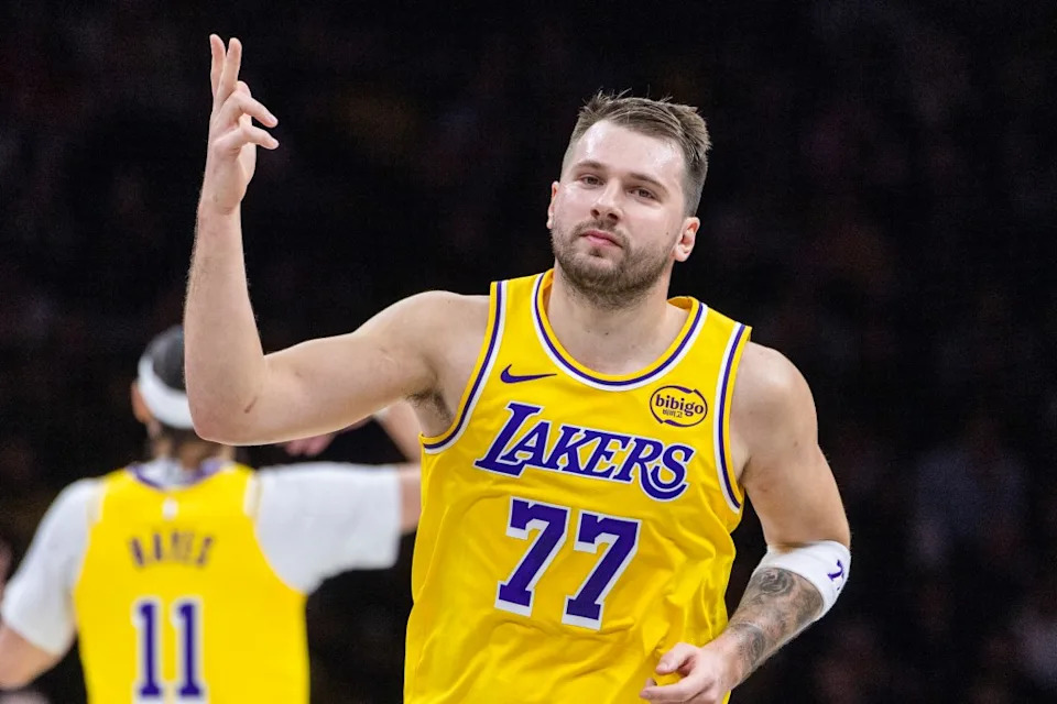 Luka Doncic reacts after scoring during the first half at Barclays Center. Corey Sipkin for NY Post
