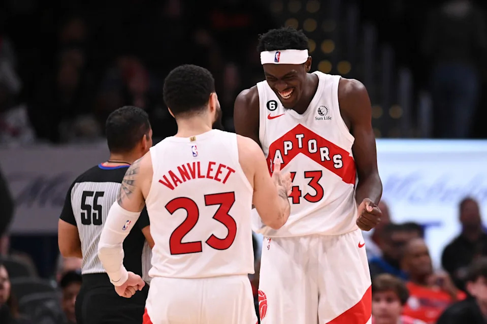 Former Toronto Raptors forward Pascal Siakam celebrates with then-teammate Fred VanVleet.Tommy Gilligan-Imagn Images