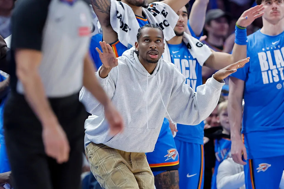 Feb 22, 2026; Oklahoma City, Oklahoma, USA; Oklahoma City Thunder guard Shai Gilgeous-Alexander (2) celebrates after his team scores against the Cleveland Cavaliers during the second half at Paycom Center. Mandatory Credit: Alonzo Adams-Imagn Images