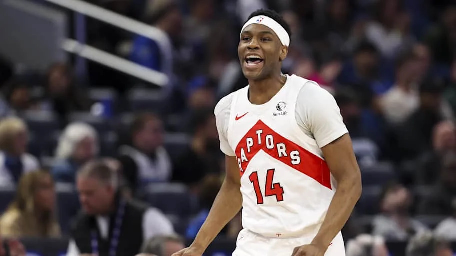 Toronto Raptors guard Ja'kobe Walter reacts after a basket against the Orlando Magic