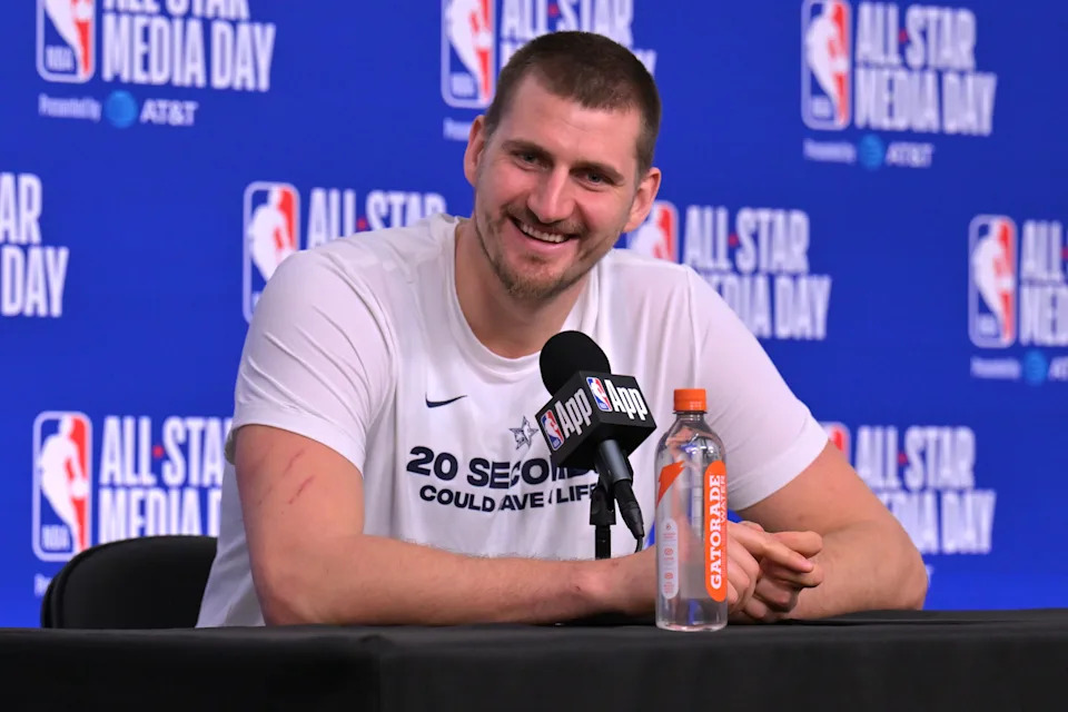 Feb 14, 2026; Los Angeles, CA, USA; Team World center Nikola Jokic (15) of the Denver Nuggets during a news conference for the NBA All Star game at Intuit Dome. Mandatory Credit: Jayne Kamin-Oncea-Imagn Images