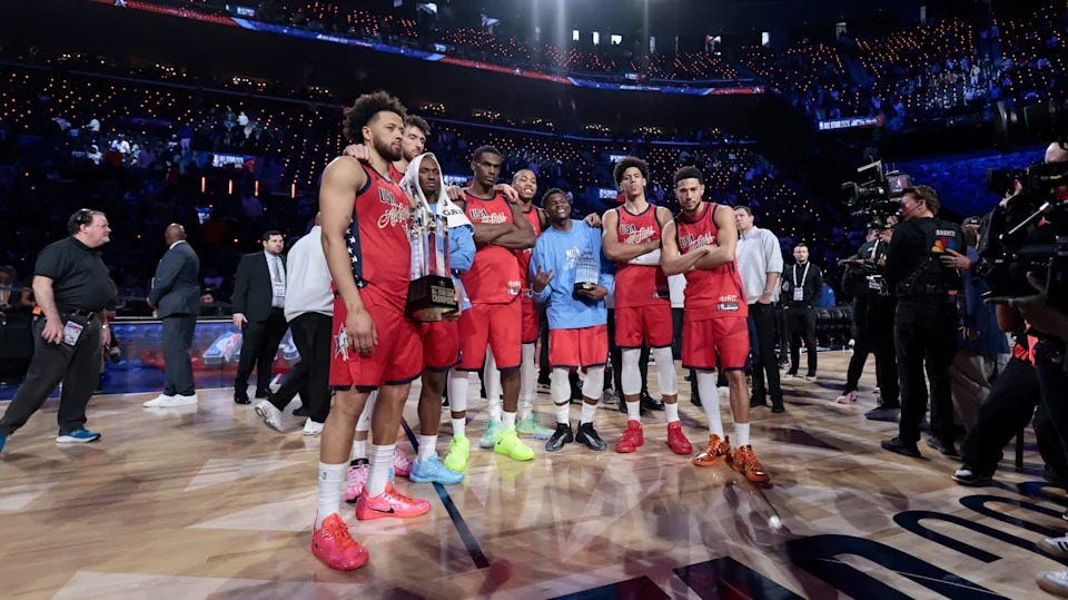 INGLEWOOD, CALIFORNIA - FEBRUARY 15: Members of Team USA Stars pose for a photo after winning the 75th NBA All-Star Game at Intuit Dome on February 15, 2026 in Inglewood, California. (Photo by Ronald Martinez/Getty Images)