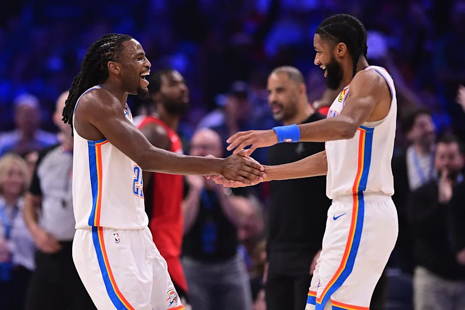 OKLAHOMA CITY, OKLAHOMA - FEBRUARY 7: Cason Wallace #22 and Isaiah Joe #11 of the Oklahoma City Thunder celebrate during the first half against the Houston Rockets at Paycom Center on February 7, 2026 in Oklahoma City, Oklahoma. NOTE TO USER: User expressly acknowledges and agrees that, by downloading and or using this photograph, User is consenting to the terms and conditions of the Getty Images License Agreement. (Photo by Joshua Gateley/Getty Images)