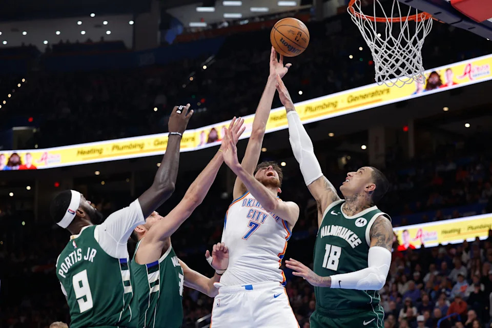Feb 12, 2026; Oklahoma City, Oklahoma, USA; Oklahoma City Thunder center/forward Chet Holmgren (7) shoots against the Milwaukee Bucks during the second half at Paycom Center. Mandatory Credit: Alonzo Adams-Imagn Images