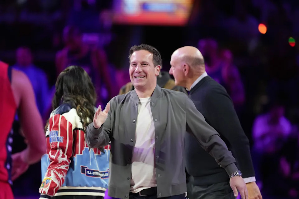 Phoenix Suns owner Mat Ishbia high fives Team USA Stars guard Devin Booker (1) of the Phoenix Suns during the 75th NBA All Star Game at Intuit Dome in Inglewood, California, on Sunday, Feb. 15, 2026.
