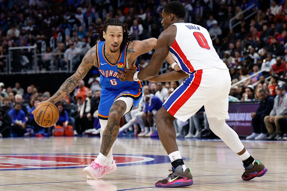 Feb 25, 2026; Detroit, Michigan, USA; Oklahoma City Thunder forward Jaylin Williams (6) dribbles defended by Detroit Pistons center Jalen Duren (0) in the second half at Little Caesars Arena. Mandatory Credit: Rick Osentoski-Imagn Images