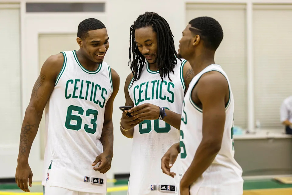 Sep 25, 2015; Waltham, MA, USA; Boston Celtics guard Corey Walden (46), forward Coty Clarke (63) and guard Levi Randolph (60) during media day at the Boston Celtic Practice Facility. Mandatory Credit: David Butler II-USA TODAY Sports