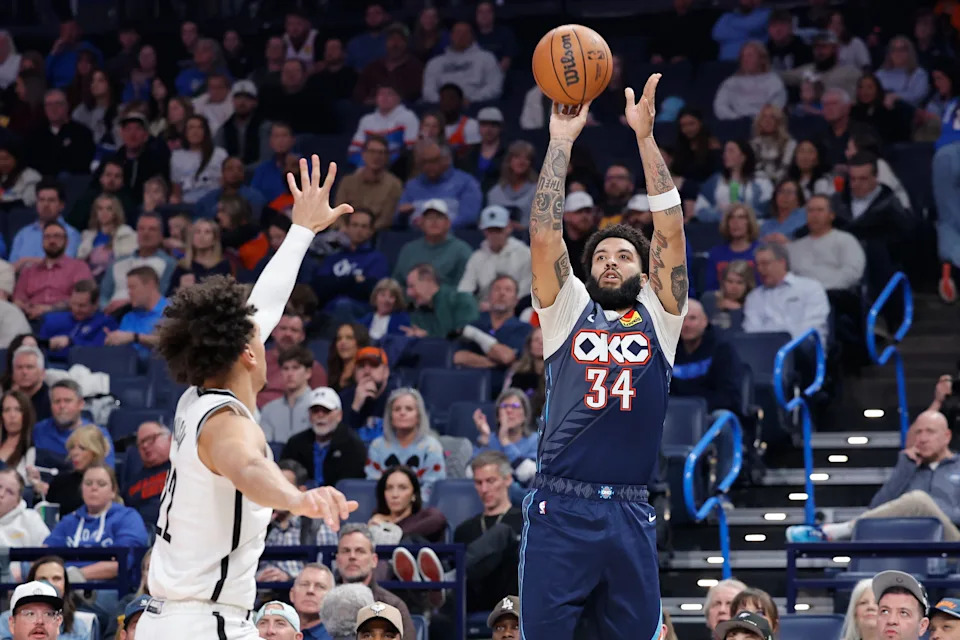 Feb 20, 2026; Oklahoma City, Oklahoma, USA; Oklahoma City Thunder guard/forward Kenrich Williams (34) shoots against the Brooklyn Nets during the second half at Paycom Center. Mandatory Credit: Alonzo Adams-Imagn Images