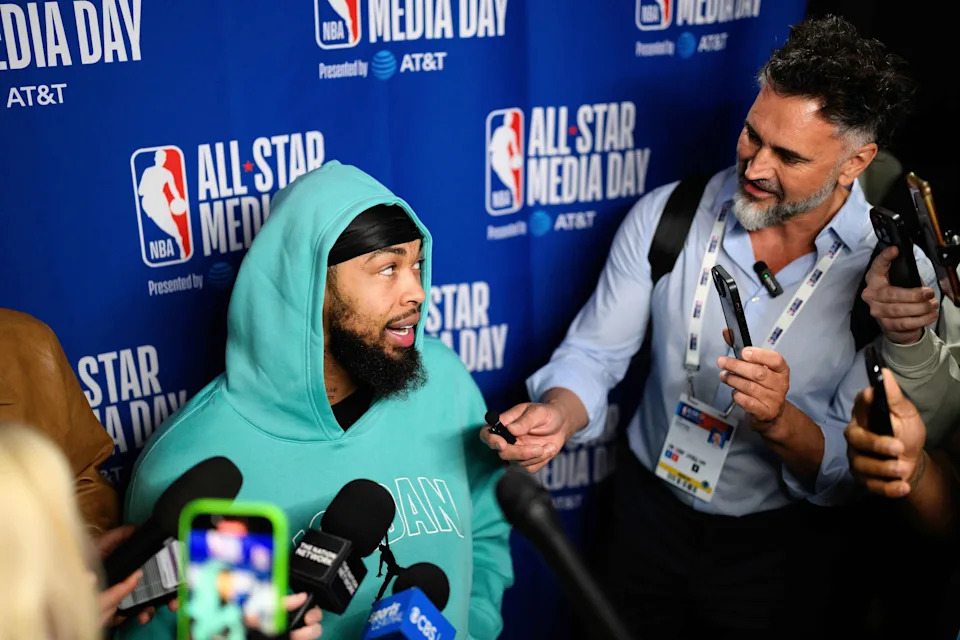 Feb 14, 2026; Inglewood, California, USA; Brandon Ingram speaks during interviews at media day at Intuit Dome. Mandatory Credit: William Liang-Imagn Images
