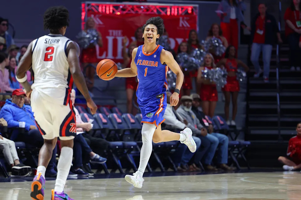 OXFORD, MISSISSIPPI - FEBRUARY 21: Xaivian Lee #1 of the Florida Gators dribbles the ball up the court during the first half against the Ole Miss Rebels at The Pavilion at Ole Miss on February 21, 2026 in Oxford, Mississippi. (Photo by Wes Hale/Getty Images)