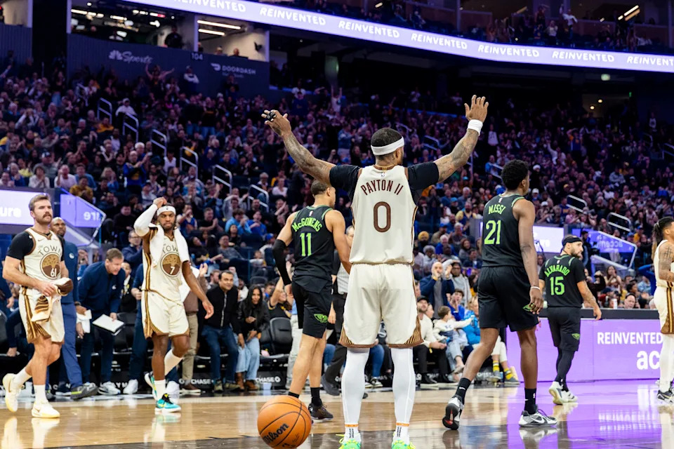 Nov 29, 2025; San Francisco, California, USA; Golden State Warriors guard Gary Payton II (0) reacts after dunking the ball against the New Orleans Pelicans during the fourth quarter at Chase Center. Mandatory Credit: John Hefti-Imagn Images