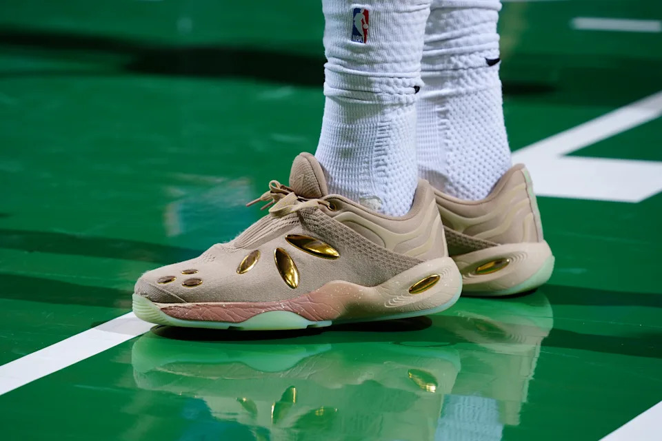BOSTON, MA - FEBRUARY 8: The sneakers worn by Jaylen Brown #7 of the Boston Celtics during the game against the New York Knicks on February 8, 2026 at TD Garden in Boston, Massachusetts. NOTE TO USER: User expressly acknowledges and agrees that, by downloading and/or using this Photograph, user is consenting to the terms and conditions of the Getty Images License Agreement. Mandatory Copyright Notice: Copyright 2026 NBAE (Photo by Brian Babineau/NBAE via Getty Images) | NBAE via Getty Images