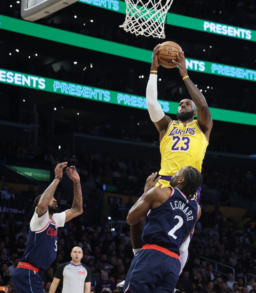 LeBron James, who scored 13 points and grabbed 11 rebounds, rises up for a layup during the Lakers’ 125-122 home win over the rival Clippers on Feb. 20, 2026. Getty Images