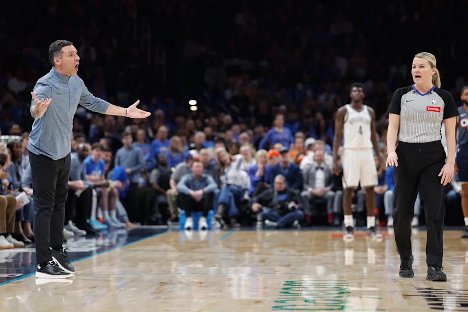 Feb 20, 2026; Oklahoma City, Oklahoma, USA; Oklahoma City Thunder Head Coach Mark Daigneault yells to an official before a play against the Brooklyn Nets during the second half at Paycom Center. Mandatory Credit: Alonzo Adams-Imagn Images