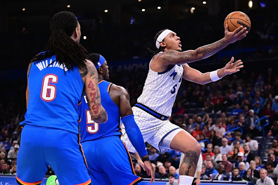OKLAHOMA CITY, OKLAHOMA - FEBRUARY 3: Paolo Banchero #5 of the Orlando Magic attempts a shot during the second half against the Oklahoma City Thunder at Paycom Center on February 3, 2026 in Oklahoma City, Oklahoma. NOTE TO USER: User expressly acknowledges and agrees that, by downloading and or using this photograph, User is consenting to the terms and conditions of the Getty Images License Agreement. (Photo by Joshua Gateley/Getty Images)