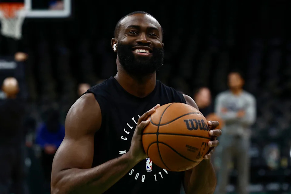 Apr 4, 2025; Boston, Massachusetts, USA; Boston Celtics guard Jaylen Brown (7) smiles while warming up before their game against the Phoenix Suns at TD Garden. Mandatory Credit: Winslow Townson-Imagn Images