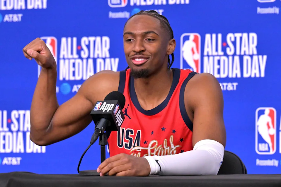 Feb 14, 2026; Los Angeles, CA, USA; Team USA Stars guard Tyrese Maxey (0) of the Philadelphia 76ers during a news conference for the NBA All Star game at Intuit Dome. Mandatory Credit: Jayne Kamin-Oncea-Imagn Images