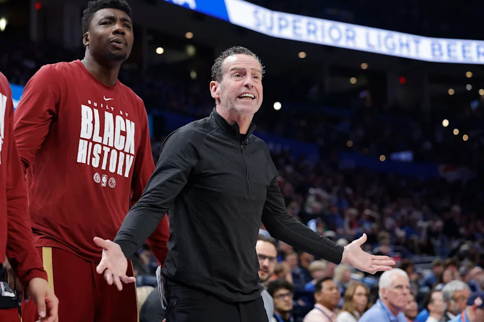 Feb 22, 2026; Oklahoma City, Oklahoma, USA; Cleveland Cavaliers head coach Kenny Atkinson reacts after a play against the Oklahoma City Thunder during the second half at Paycom Center. Mandatory Credit: Alonzo Adams-Imagn Images