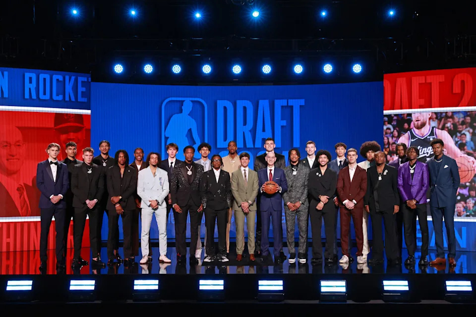 BROOKLYN, NY - JUNE 26: NBA Commissioner, Adam Silver poses for a group photo with the draft prospects before the 2024 NBA Draft - Round One on June 26, 2024 at Barclays Center in Brooklyn, New York. (Photo by Nathaniel S. Butler/NBAE via Getty Images)Nathaniel S. Butler/Getty Images