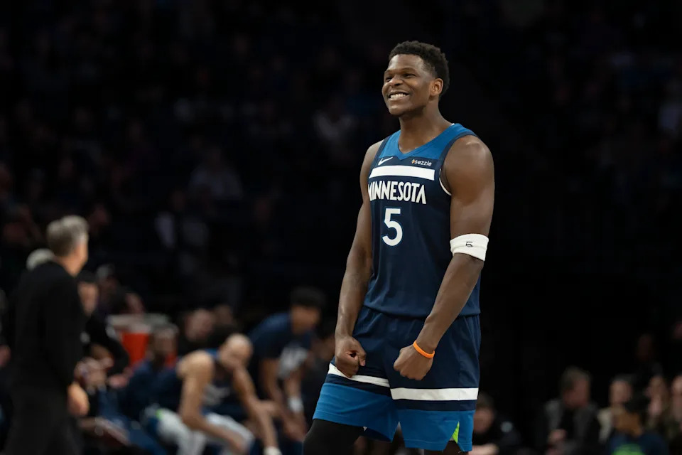 Feb 11, 2026; Minneapolis, Minnesota, USA; Minnesota Timberwolves guard Anthony Edwards (5) celebrates Minnesota Timberwolves forward Julius Randle (not pictured) making a shot against the Portland Trail Blazers in the second half at Target Center. Mandatory Credit: Jesse Johnson-Imagn Images