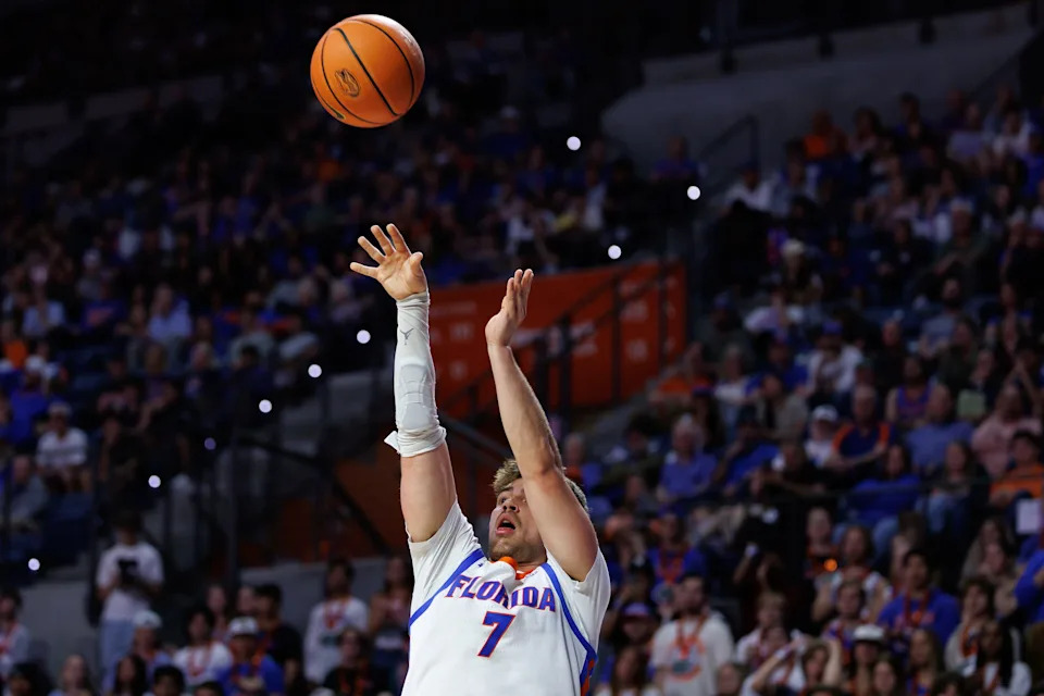Feb 17, 2026; Gainesville, Florida, USA; Florida Gators guard Urban Klavzar (7) makes a shot against the South Carolina Gamecocks during the second half at Exactech Arena at the Stephen C. O'Connell Center. Mandatory Credit: Matt Pendleton-Imagn Images