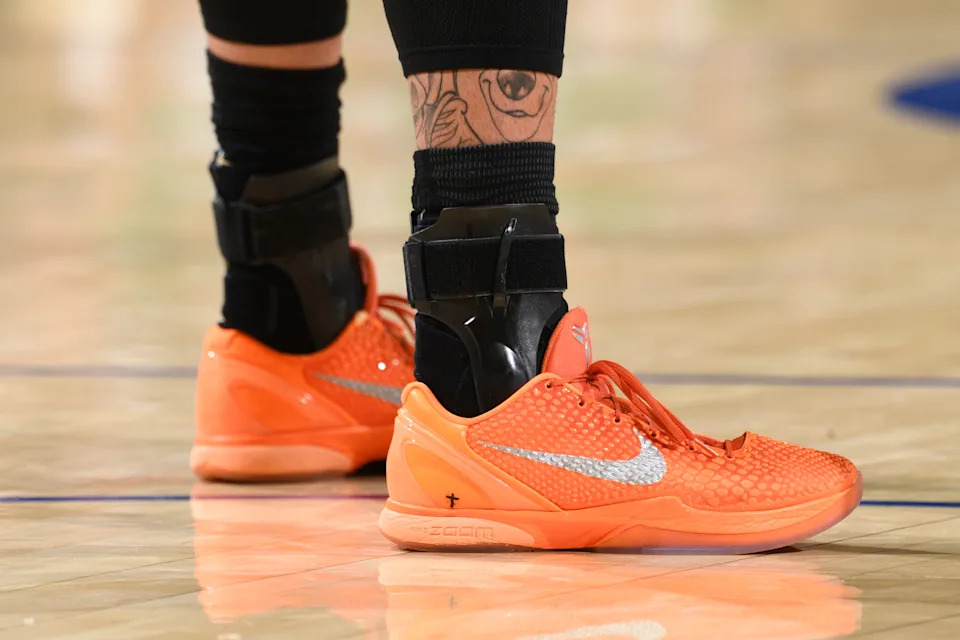SAN FRANCISCO, CA - FEBRUARY 19: The sneakers worn by Gui Santos #15 of the Golden State Warriors during the game against the Boston Celtics on February 19, 2026 at Chase Center in San Francisco, California. NOTE TO USER: User expressly acknowledges and agrees that, by downloading and or using this photograph, user is consenting to the terms and conditions of Getty Images License Agreement. Mandatory Copyright Notice: Copyright 2026 NBAE (Photo by Noah Graham/NBAE via Getty Images) | NBAE via Getty Images