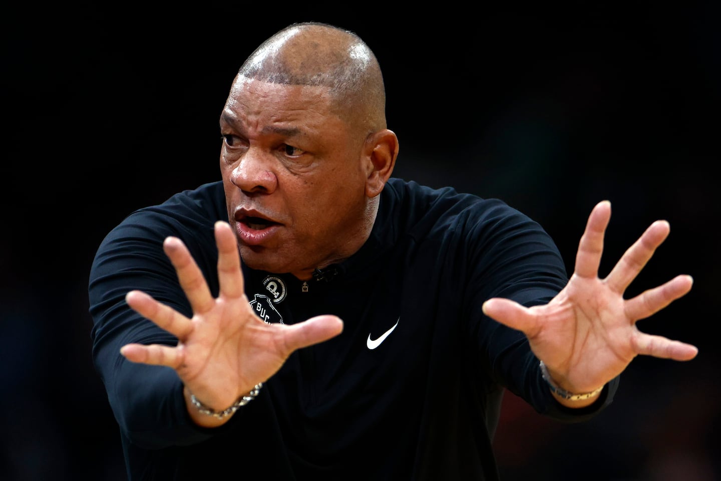Boston, MA - 2/1/26- Milwaukee Bucks head coach Doc Rivers gestures while talking to a referee during the second quarter at TD Garden on Feb. 1, 2026. (Danielle Parhizkaran/Globe Staff)