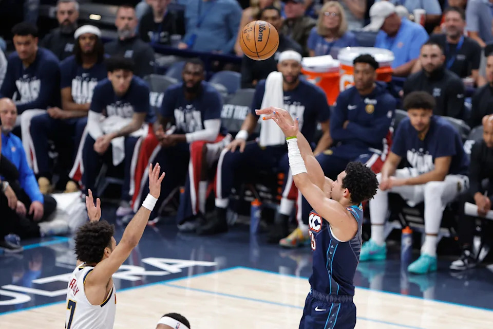 Feb 27, 2026; Oklahoma City, Oklahoma, USA; Oklahoma City Thunder guard Jared McCain (3) shoots against the Denver Nuggets during the second quarter at Paycom Center. Mandatory Credit: Alonzo Adams-Imagn Images
