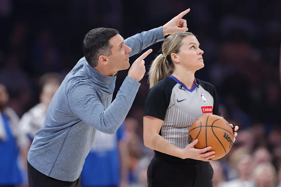 Feb 20, 2026; Oklahoma City, Oklahoma, USA; Oklahoma City Thunder Head Coach Mark Daigneault gestures towards the video board after a play against the Brooklyn Nets during the first half at Paycom Center. Mandatory Credit: Alonzo Adams-Imagn Images