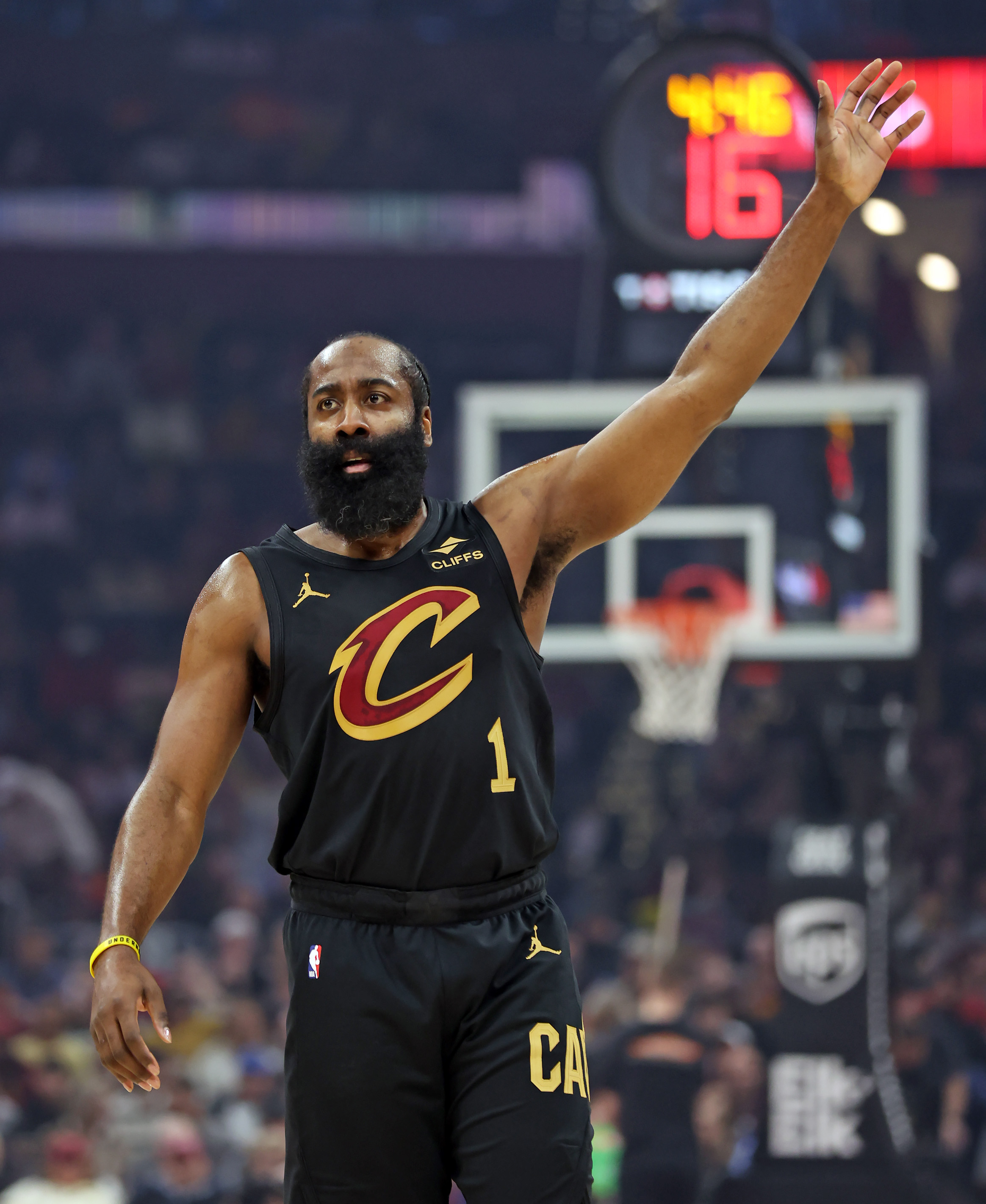 Cleveland Cavaliers guard James Harden gestures during play against the Washington Wizards in the first half of play. 