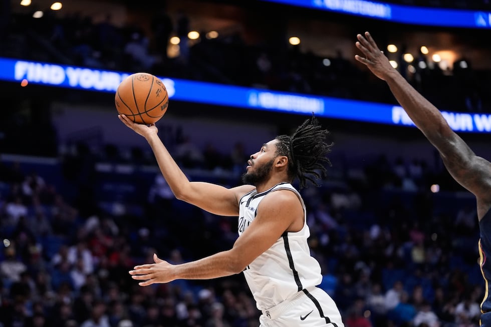Brooklyn Nets guard Cam Thomas (24) goes to the basket against the New Orleans Pelicans in the...