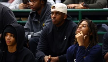 NBA player Chris Paul looks on as Team CP3 plays a game against Nightrydas at Nike EYBL at the Memphis Sports & Events Center on Saturday, May 17, 2025.