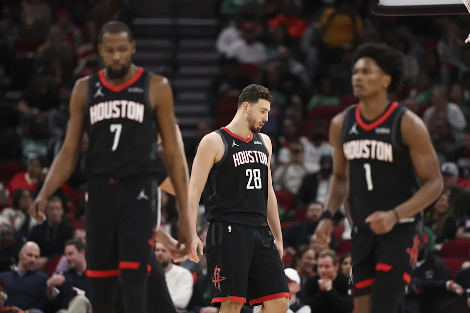 Feb 4, 2026; Houston, Texas, USA; Houston Rockets center Alperen Sengun (28) reacts after a play during the third quarter against the Boston Celtics at Toyota Center. Mandatory Credit: Troy Taormina-Imagn Images