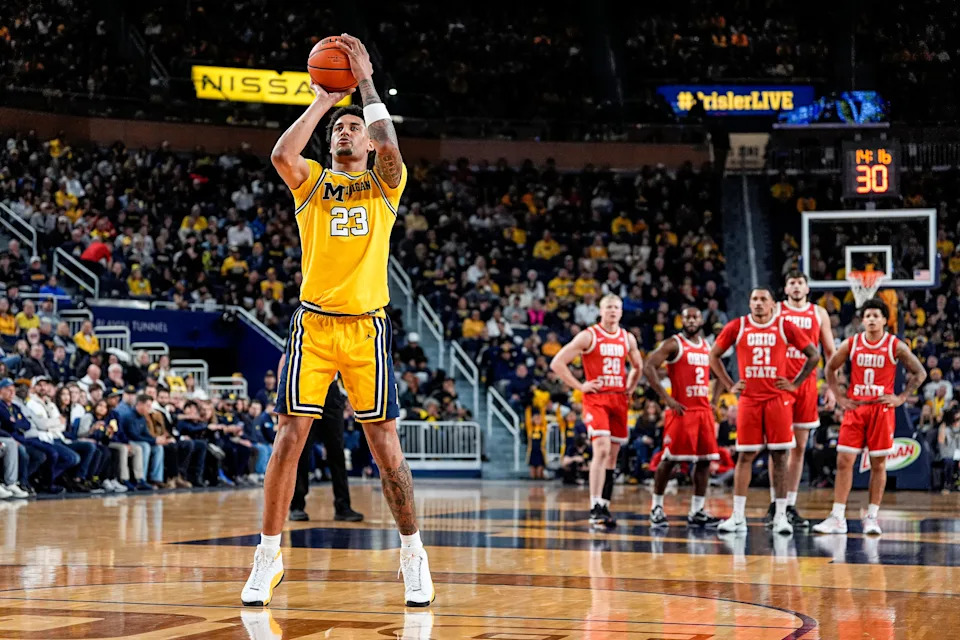 Michigan forward Yaxel Lendeborg (23) shoots a free throw against Ohio State during the first half at Crisler Center in Ann Arbor on Friday, Jan. 23, 2026.