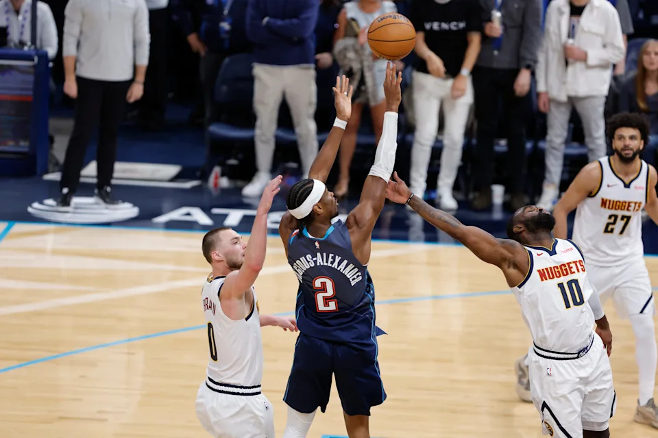 Feb 27, 2026; Oklahoma City, Oklahoma, USA; Oklahoma City Thunder guard Shai Gilgeous-Alexander (2) shoots against the Denver Nuggets during the fourth quarter at Paycom Center. Mandatory Credit: Alonzo Adams-Imagn Images