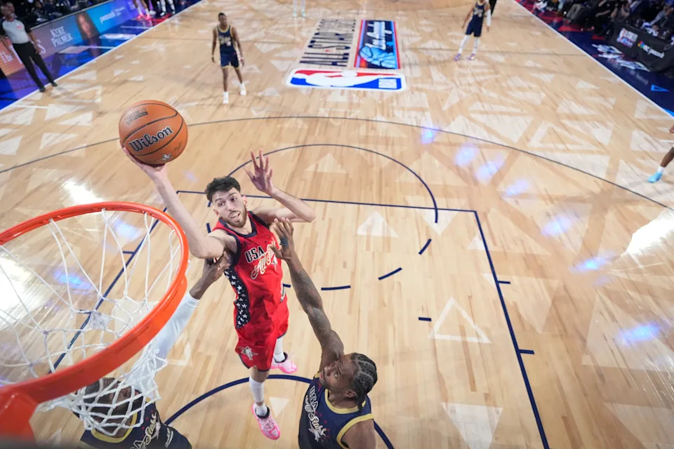 INGLEWOOD, CALIFORNIA - FEBRUARY 15: (EDITORS NOTE: Image Has Been Taken Using A Static Remote Camera.) Chet Holmgren #7 of the Oklahoma City Thunder and Team USA Stars shoots against Kawhi Leonard #2 of the Los Angeles Clippers and Team USA Stripes during the 75th NBA All-Star Game at Intuit Dome on February 15, 2026 in Inglewood, California. (Photo by Ronald Martinez/Getty Images)