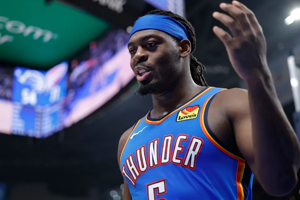 Feb 3, 2026; Oklahoma City, Oklahoma, USA; Oklahoma City Thunder guard Luguentz Dort (5) reacts after a. Play against the Orlando Magic during the second half at Paycom Center. Mandatory Credit: Alonzo Adams-Imagn Images