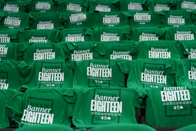 Oct 22, 2024; Boston, Massachusetts, USA; Tee shirts drap arena chairs on banner night for the Boston Celtics before the start of the game against the New York Knicks at TD Garden. Mandatory Credit: David Butler II-Imagn Images
