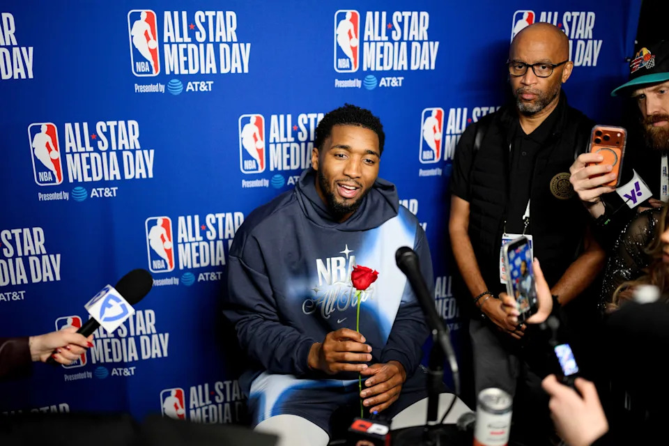 Feb 14, 2026; Inglewood, California, USA; Donovan Mitchell speaks during interviews at media day at Intuit Dome. Mandatory Credit: William Liang-Imagn Images