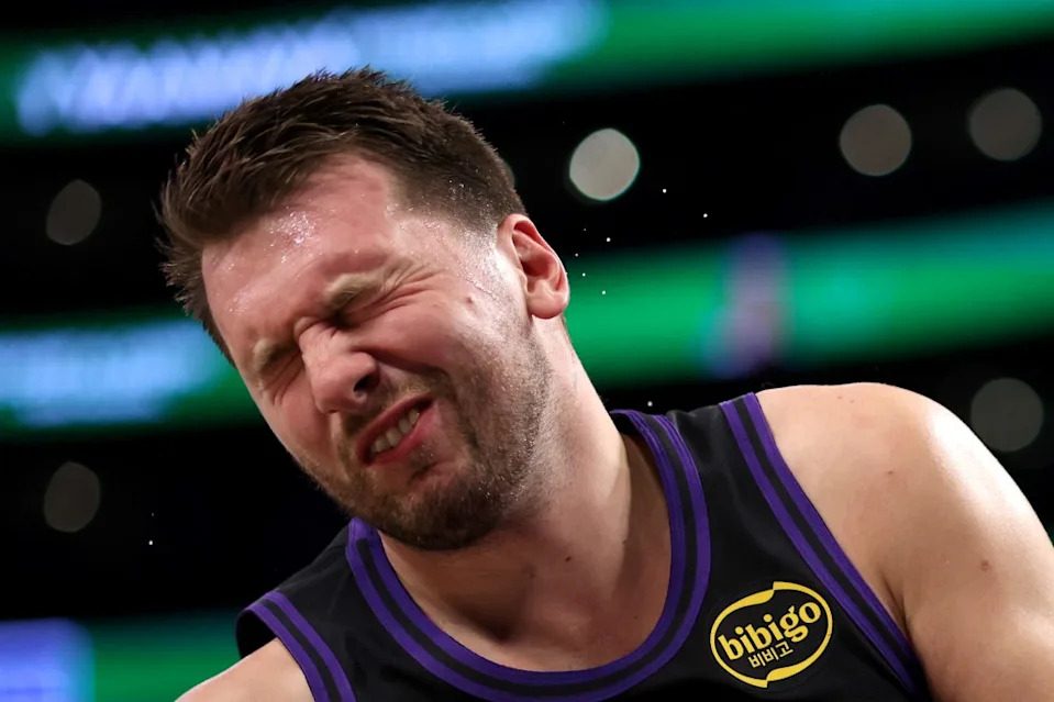 Luka Doncic of the Los Angeles Lakers reacts after a swipe to the face by Moritz Wagner of the Orlando Magic during an NBA game at Crypto.com Arena on February 24, 2026 in Los Angeles, California. Getty Images