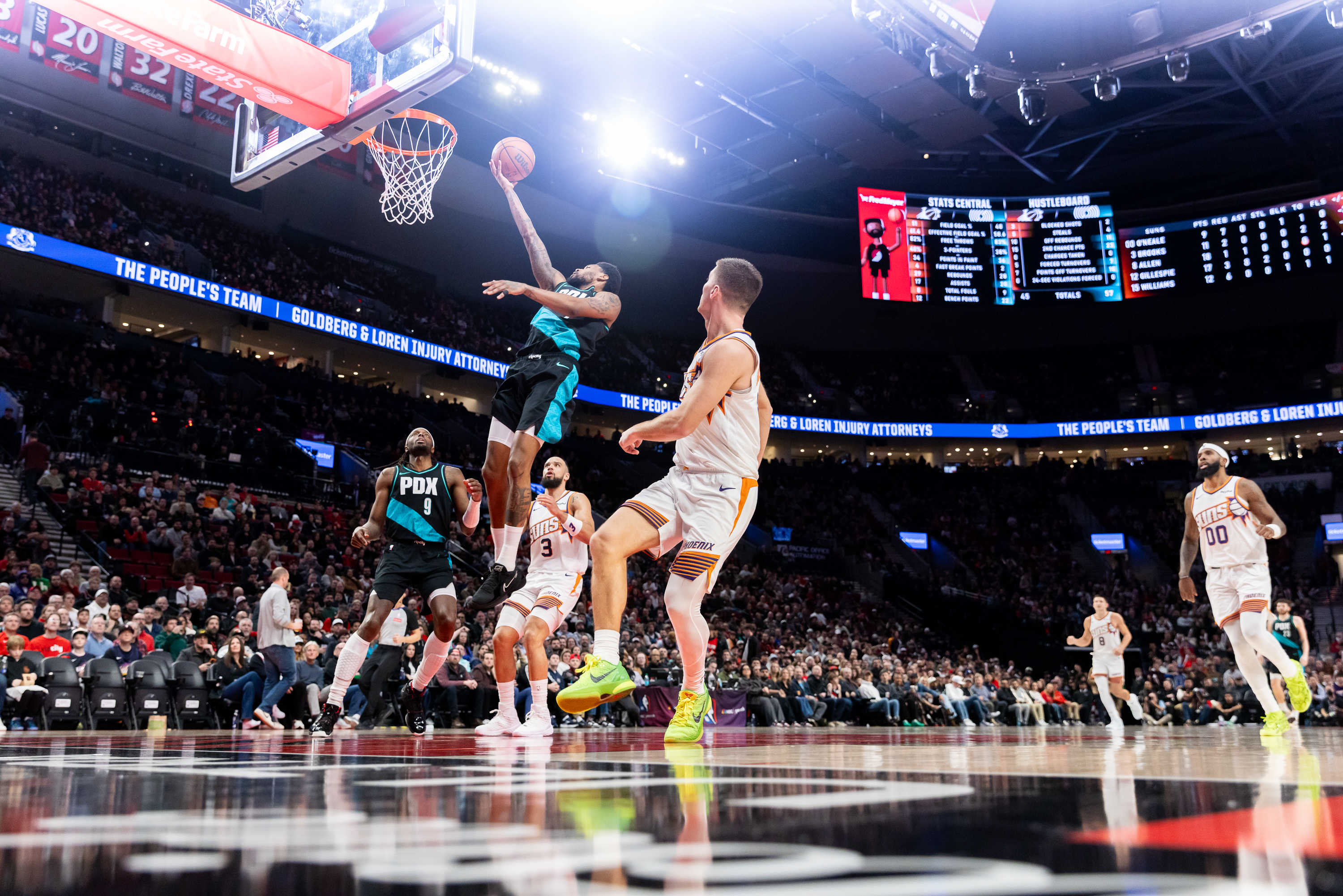 Portland Trail Blazers guard Blake Wesley with a finger roll at the rim during an NBA game against the Phoenix Suns at Moda Center on Tuesday, Feb. 3, 2026.