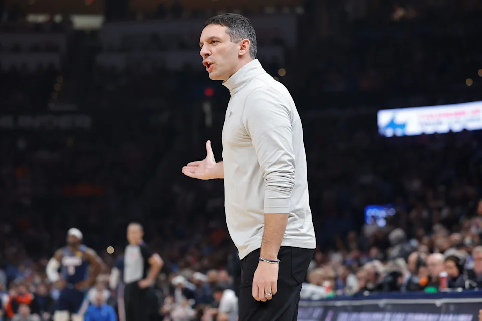 Feb 27, 2026; Oklahoma City, Oklahoma, USA; Oklahoma City Thunder Head Coach Mark Daigneault yells to his team during a play against the Denver Nuggets during the first quarter at Paycom Center. Mandatory Credit: Alonzo Adams-Imagn Images