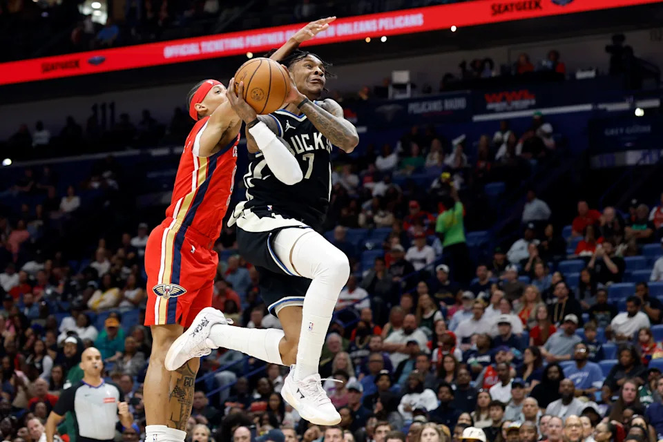 Bucks guard Kevin Porter Jr. elevates toward the basket against Pelicans guard Jeremiah Fears during the first half on Feb. 20 at Smoothie King Center in New Orleans,