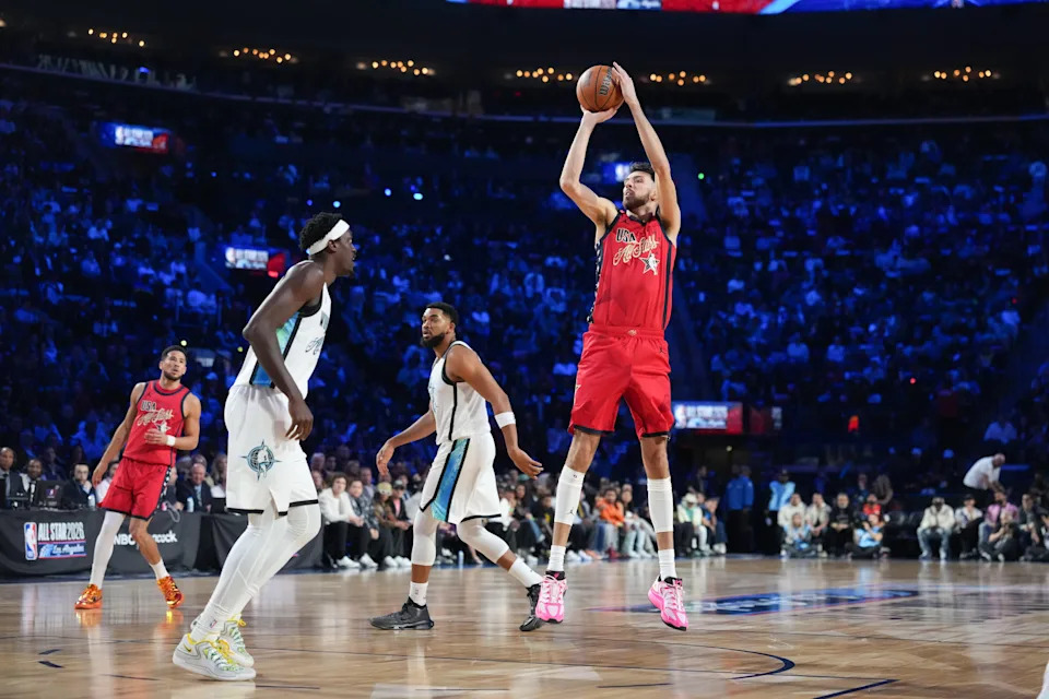 Feb 15, 2026; Inglewood, California, USA; Team USA Stars center Chet Holmgren (7) of the Oklahoma City Thunder shoots in game one against Team World during the 75th NBA All Star Game at Intuit Dome. Mandatory Credit: Kirby Lee-Imagn Images