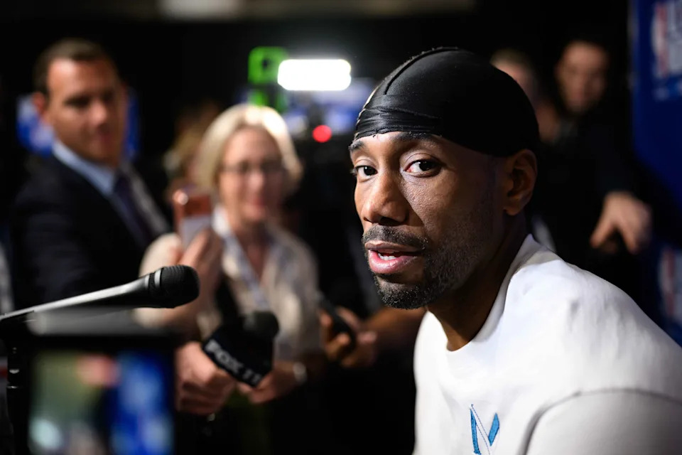 Feb 14, 2026; Inglewood, California, USA; Kawhi Leonard speaks during interviews at media day at Intuit Dome. Mandatory Credit: William Liang-Imagn Images