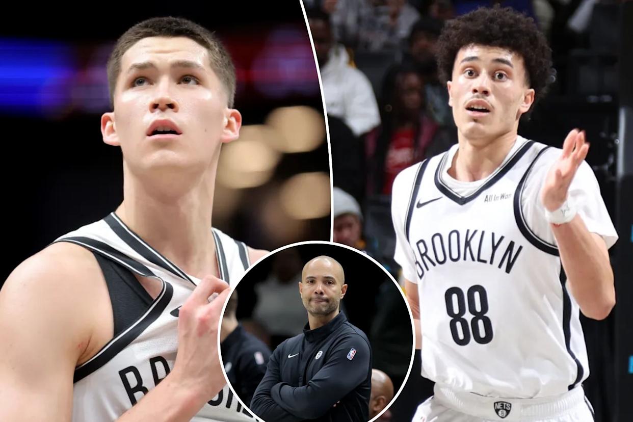 An image collage containing 3 images, Image 1 shows Egor Dëmin is one of several rookies the Nets will be looking to develop more in the second half of the season, Image 2 shows Nets rookie Nolan Traore says he is still adjusting to the greater physicality in the NBA, Image 3 shows Brooklyn Nets head coach Jordi Fernandez coaching during a game