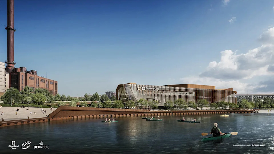 View from the Cuyahoga River of The Cleveland Clinic Global Peak Performance Center.