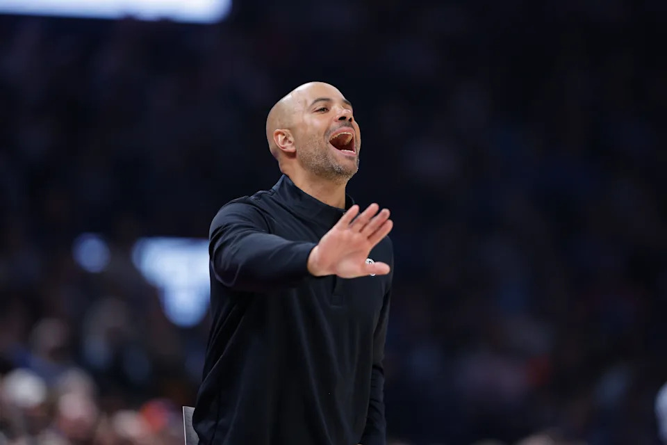 Feb 20, 2026; Oklahoma City, Oklahoma, USA; Brooklyn Nets Head Coach Jordi Fernandez yells to his team during a play against the Oklahoma City Thunder during the first half at Paycom Center. Mandatory Credit: Alonzo Adams-Imagn Images